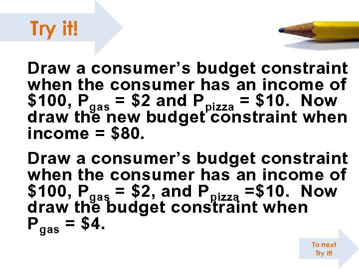 Try it! Draw a consumer’s budget constraint when the consumer has an income of