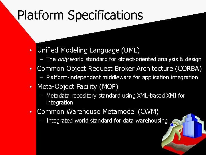 Platform Specifications • Unified Modeling Language (UML) – The only world standard for object-oriented