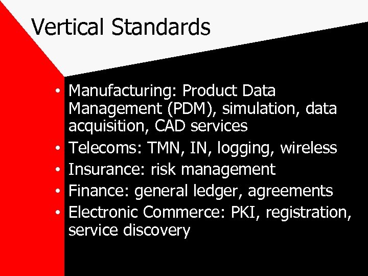 Vertical Standards • Manufacturing: Product Data Management (PDM), simulation, data acquisition, CAD services •