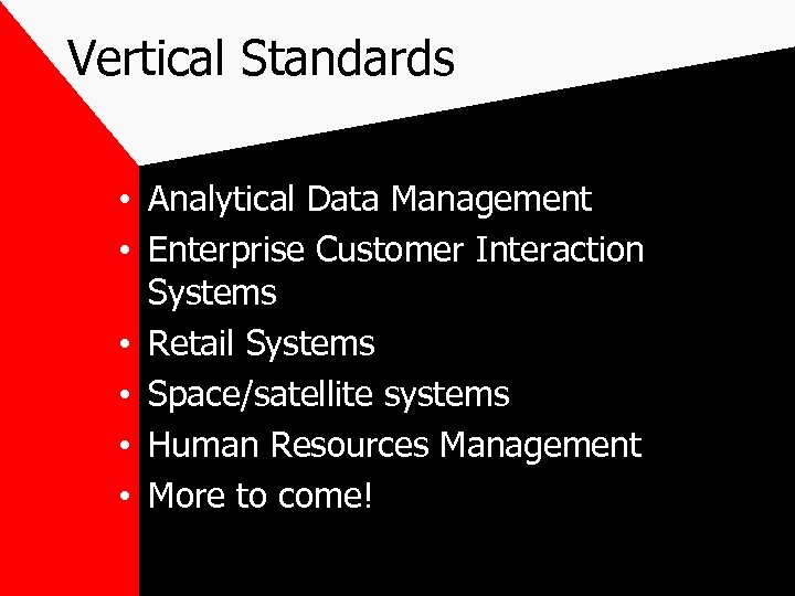 Vertical Standards • Analytical Data Management • Enterprise Customer Interaction Systems • Retail Systems