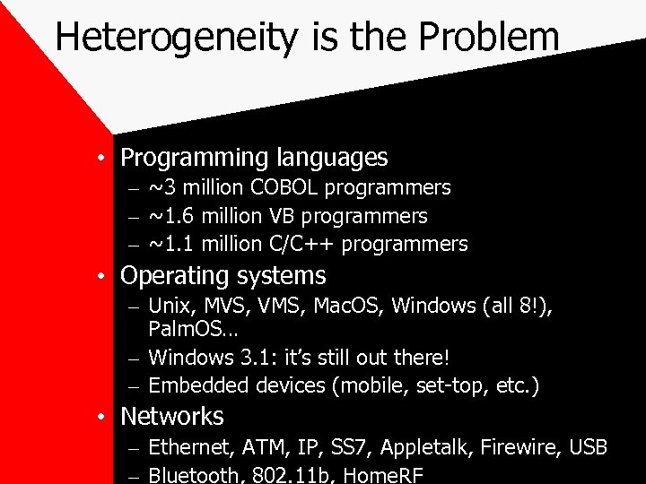 Heterogeneity is the Problem • Programming languages – ~3 million COBOL programmers – ~1.