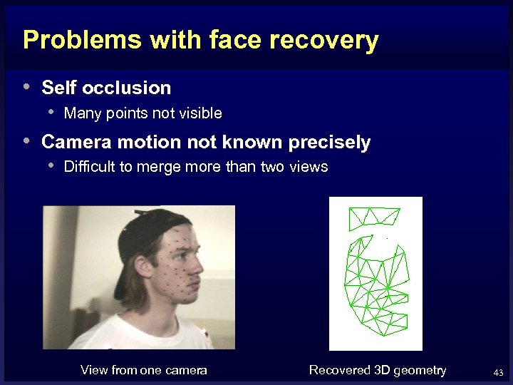 Problems with face recovery • Self occlusion • Many points not visible • Camera