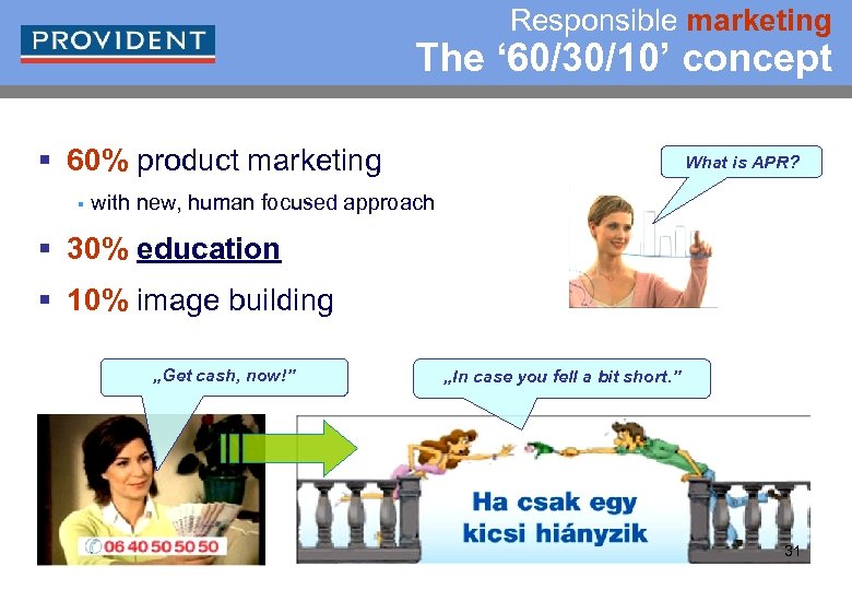 Responsible marketing The ‘ 60/30/10’ concept § 60% product marketing § What is APR?