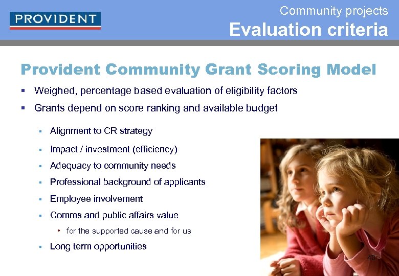 Community projects Evaluation criteria Provident Community Grant Scoring Model § Weighed, percentage based evaluation