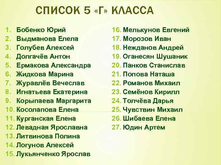 СПИСОК 5 «Г» КЛАССА 1. Бобенко Юрий 2. Выдманова Елела 3. Голубев Алексей 4.