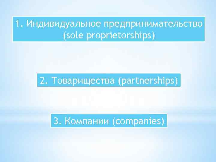 1. Индивидуальное предпринимательство (sole proprietorships) 2. Товарищества (partnerships) 3. Компании (companies) 