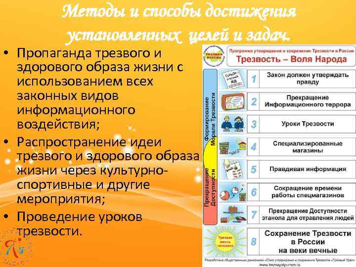 Методы и способы достижения установленных целей и задач. • Пропаганда трезвого и здорового образа