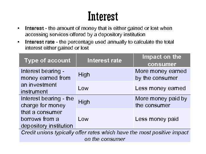 Interest • • Interest - the amount of money that is either gained or