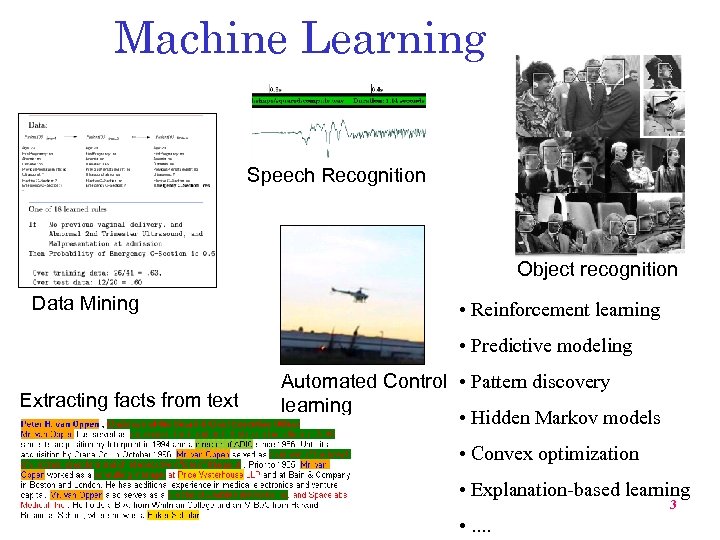 Machine Learning Speech Recognition Object recognition Data Mining • Reinforcement learning • Predictive modeling