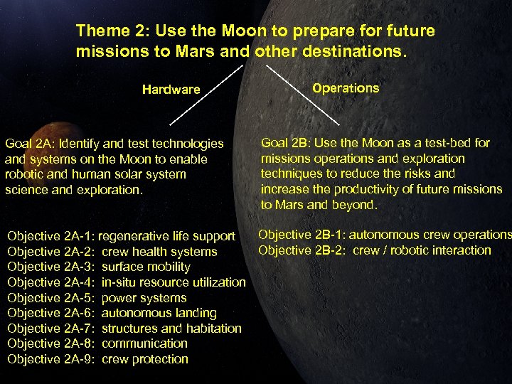 Theme 2: Use the Moon to prepare for future missions to Mars and other