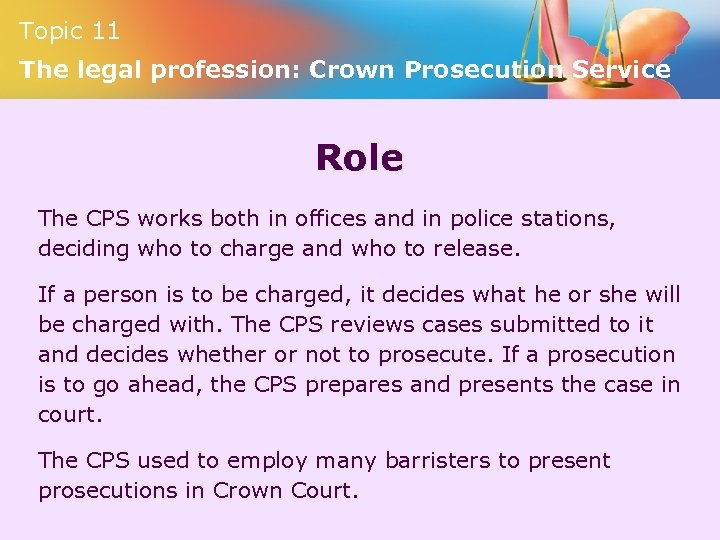 Topic 11 The legal profession: Crown Prosecution Service Role The CPS works both in