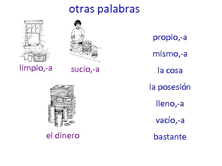 otras palabras propio, -a mismo, -a limpio, -a sucio, -a la cosa la posesión