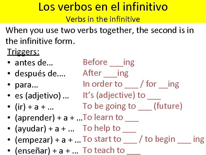 Los verbos en el infinitivo Verbs in the infinitive When you use two verbs