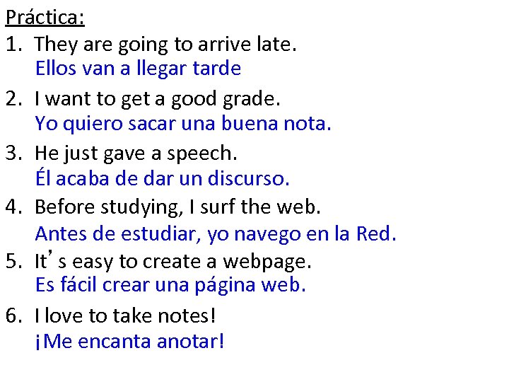 Práctica: 1. They are going to arrive late. Ellos van a llegar tarde 2.