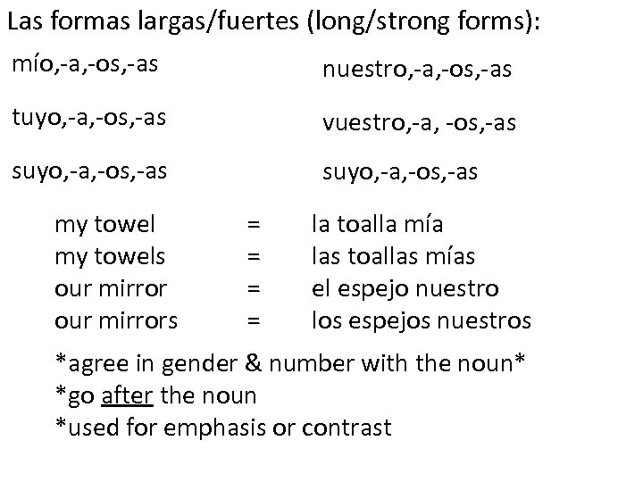 Las formas largas/fuertes (long/strong forms): mío, -a, -os, -as nuestro, -a, -os, -as tuyo,