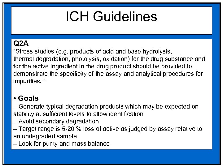 ICH Guidelines Q 2 A “Stress studies (e. g. products of acid and base