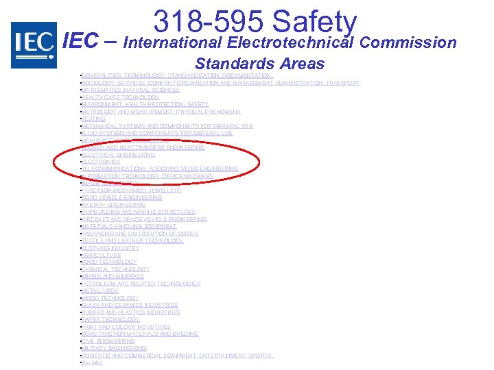 318 -595 Safety IEC – International Electrotechnical Commission Standards Areas • GENERALITIES. TERMINOLOGY. STANDARDIZATION.