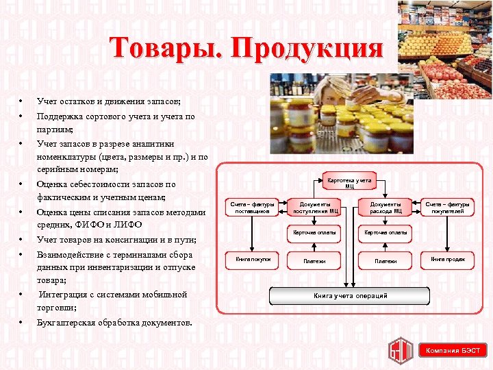 Товары. Продукция • Учет остатков и движения запасов; • Поддержка сортового учета и учета