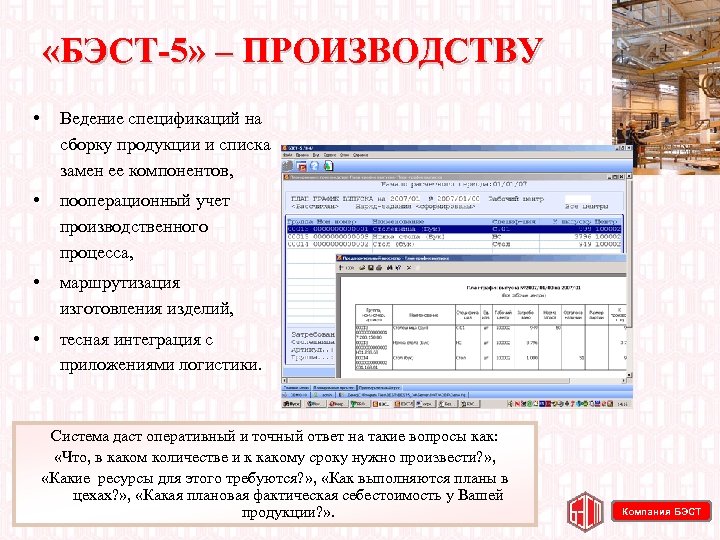  «БЭСТ 5» – ПРОИЗВОДСТВУ • Ведение спецификаций на сборку продукции и списка замен