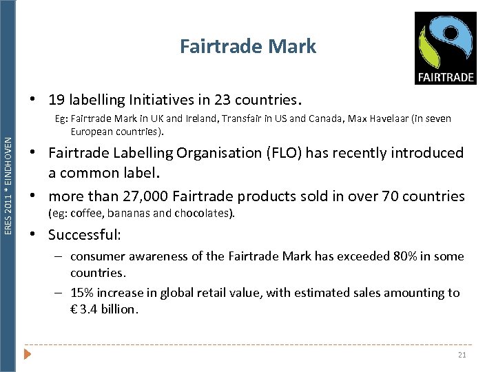 Fairtrade Mark ERES 2011 * EINDHOVEN • 19 labelling Initiatives in 23 countries. Eg: