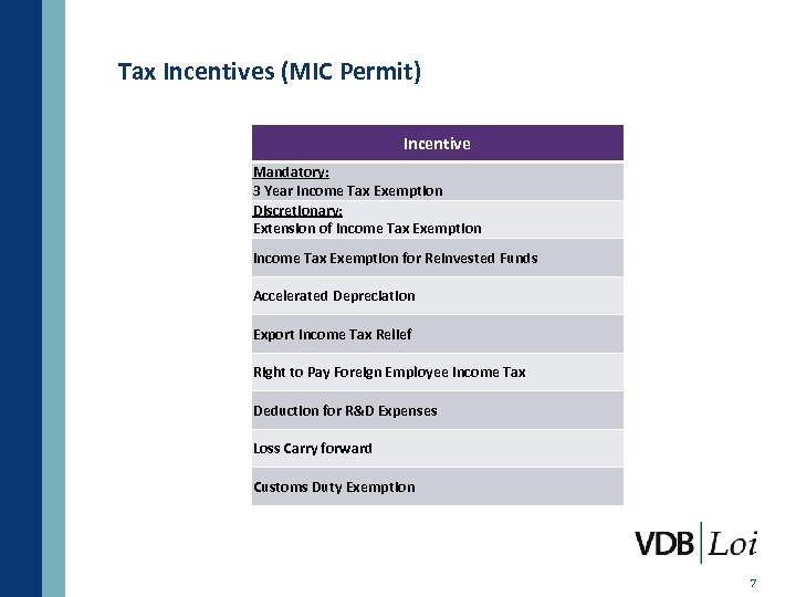 Tax Incentives (MIC Permit) Incentive Mandatory: 3 Year Income Tax Exemption Discretionary: Extension of