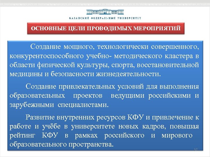 ОСНОВНЫЕ ЦЕЛИ ПРОВОДИМЫХ МЕРОПРИЯТИЙ Создание мощного, технологически совершенного, конкурентоспособного учебно- методического кластера в области
