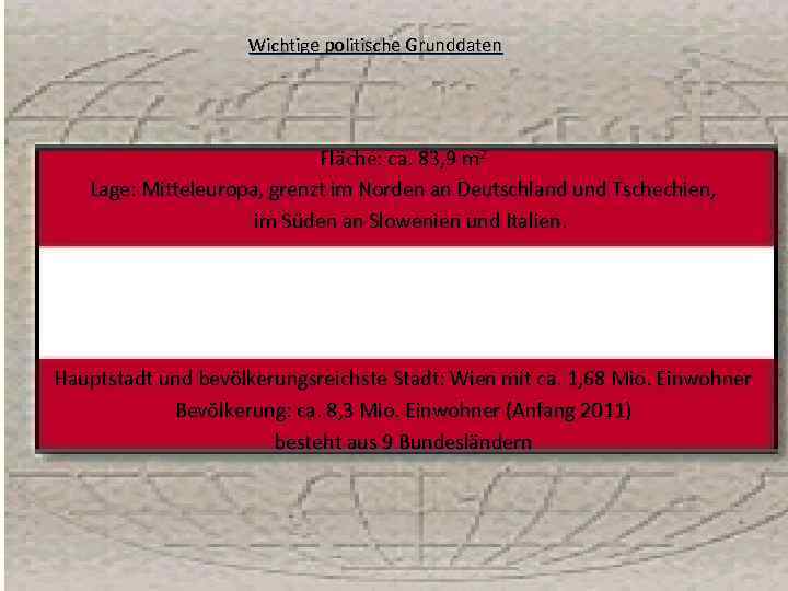 Wichtige politische Grunddaten Fläche: ca. 83, 9 m 2 Lage: Mitteleuropa, grenzt im Norden