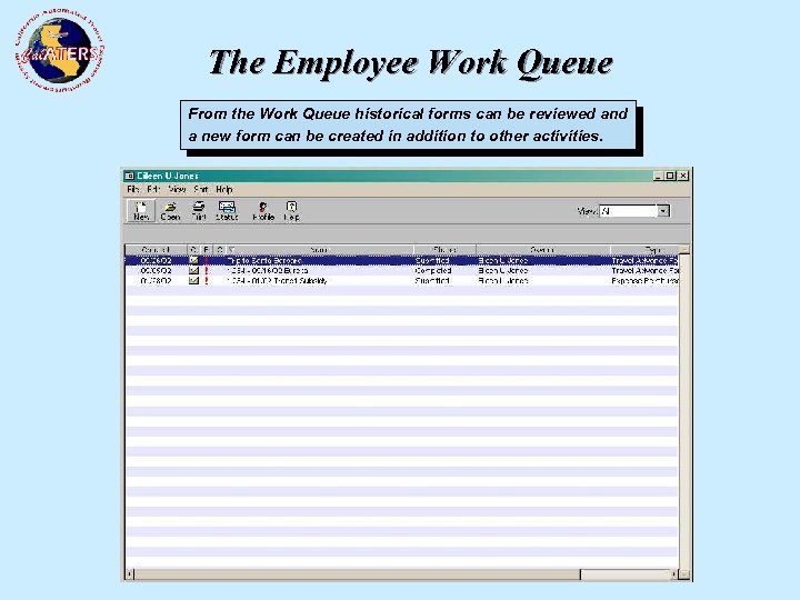 The Employee Work Queue From the Work Queue historical forms can be reviewed and