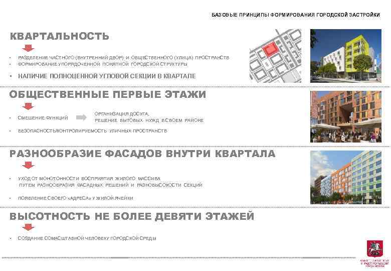 БАЗОВЫЕ ПРИНЦИПЫ ФОРМИРОВАНИЯ ГОРОДСКОЙ ЗАСТРОЙКИ КВАРТАЛЬНОСТЬ • • РАЗДЕЛЕНИЕ ЧАСТНОГО (ВНУТРЕННИЙ ДВОР) И ОБЩЕСТВЕННОГО