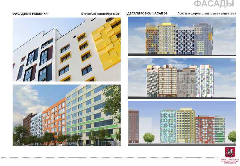 ФАСАДЫ ФАСАДНЫЕ РЕШЕНИЯ Визуально разнообразные ДЕТАЛИРОВКА ФАСАДОВ Простые формы с цветовыми акцентами 