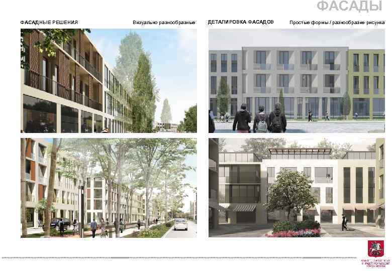 ФАСАДЫ ФАСАДНЫЕ РЕШЕНИЯ Визуально разнообразные ДЕТАЛИРОВКА ФАСАДОВ Простые формы / разнообразие рисунка 