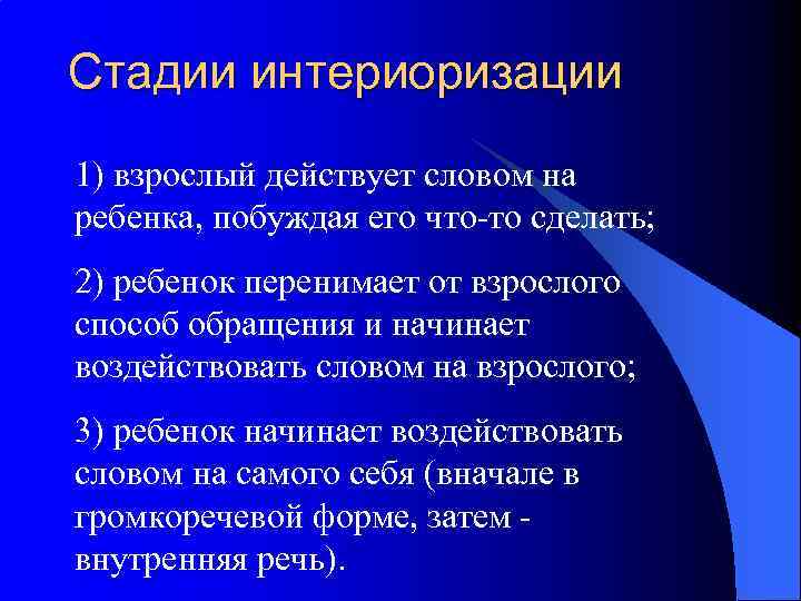 Стадии интериоризации 1) взрослый действует словом на ребенка, побуждая его что-то сделать; 2) ребенок