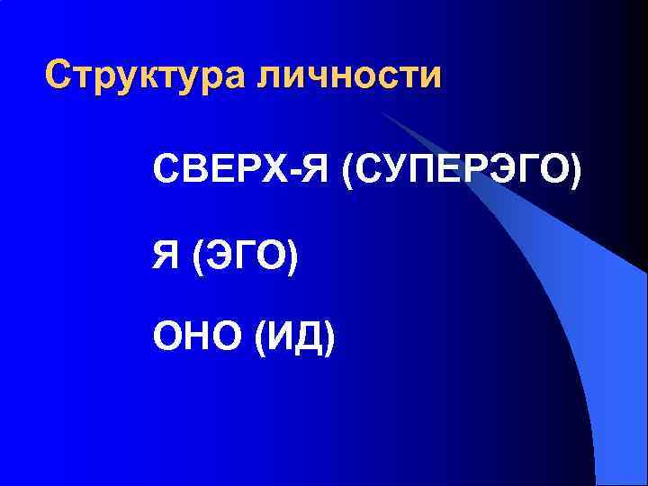 Структура личности СВЕРХ-Я (СУПЕРЭГО) Я (ЭГО) ОНО (ИД) 