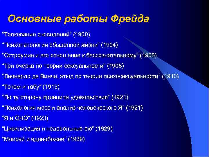 Основные работы Фрейда “Толкование сновидений” (1900) “Психопатология обыденной жизни” (1904) “Остроумие и его отношение