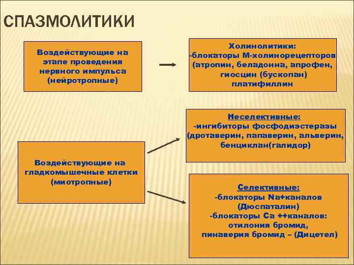 СПАЗМОЛИТИКИ Воздействующие на этапе проведения нервного импульса (нейротропные) Холинолитики: -блокаторы М-холинорецепторов (атропин, беладонна, апрофен,