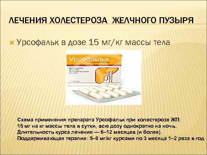 ЛЕЧЕНИЯ ХОЛЕСТЕРОЗА ЖЕЛЧНОГО ПУЗЫРЯ Урсофальк в дозе 15 мг/кг массы тела Схема применения препарата