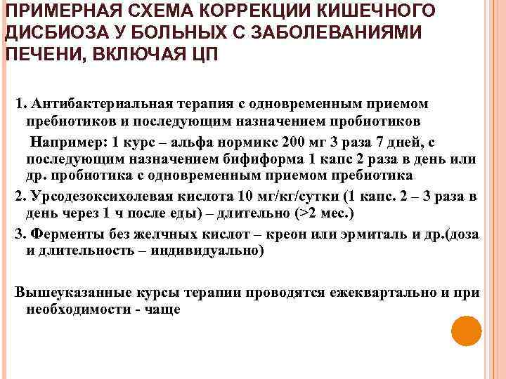 ПРИМЕРНАЯ СХЕМА КОРРЕКЦИИ КИШЕЧНОГО ДИСБИОЗА У БОЛЬНЫХ С ЗАБОЛЕВАНИЯМИ ПЕЧЕНИ, ВКЛЮЧАЯ ЦП 1. Антибактериальная