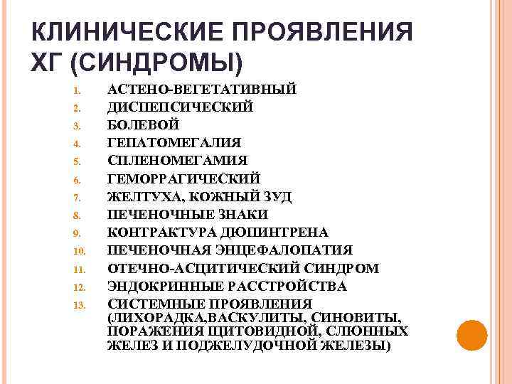 КЛИНИЧЕСКИЕ ПРОЯВЛЕНИЯ ХГ (СИНДРОМЫ) 1. 2. 3. 4. 5. 6. 7. 8. 9. 10.