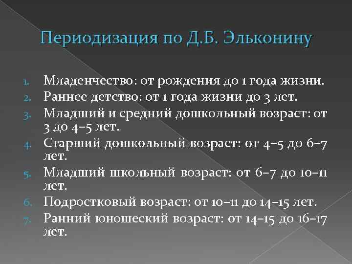 Периодизация по Д. Б. Эльконину 1. 2. 3. 4. 5. 6. 7. Младенчество: от