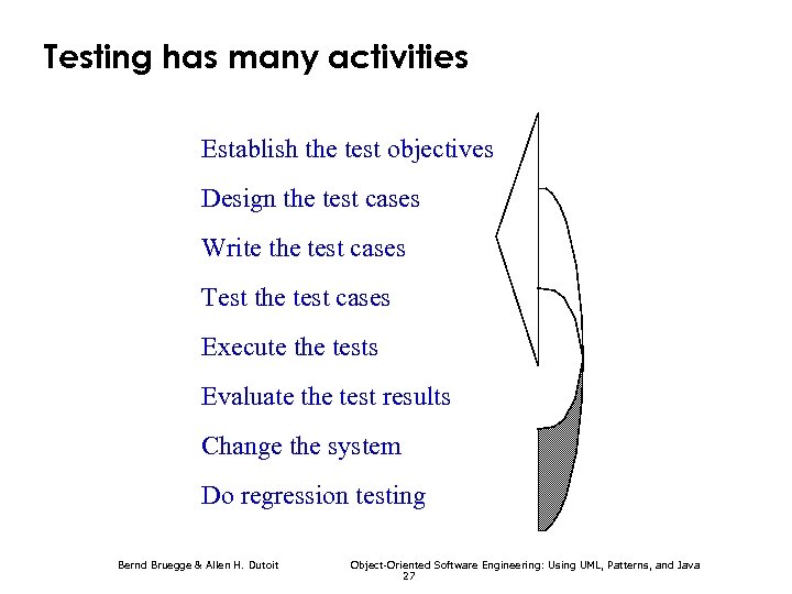 Testing has many activities Establish the test objectives Design the test cases Write the