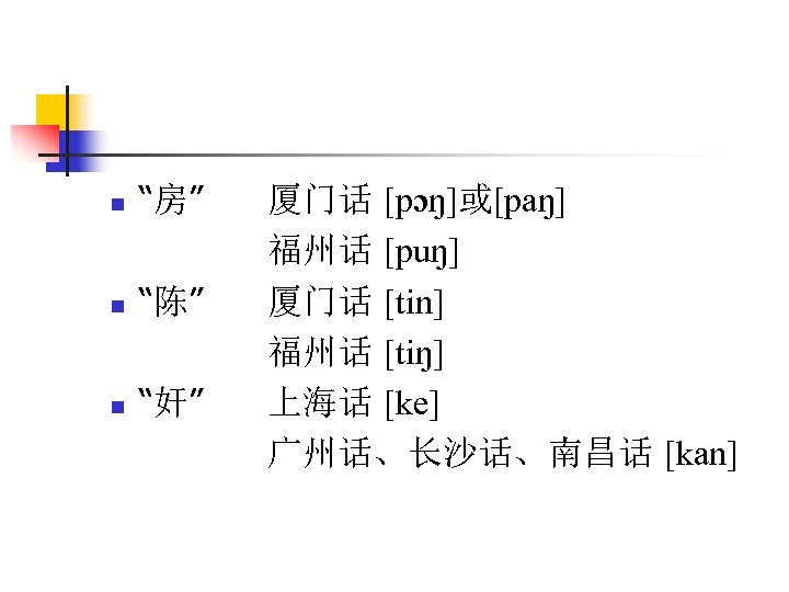 n “房” n “陈” n “奸” 厦门话 [pɔŋ]或[paŋ] 福州话 [puŋ] 厦门话 [tin] 福州话 [tiŋ]