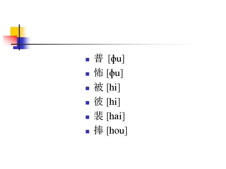 n n n 普 [ɸu] 怖 [ɸu] 被 [hi] 彼 [hi] 裴 [hai] 捧