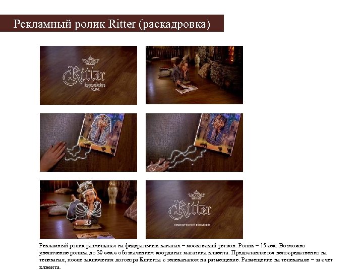Рекламный ролик Ritter (раскадровка) Рекламный ролик размещался на федеральных каналах – московский регион. Ролик