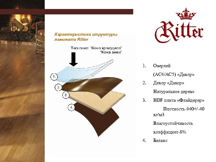 Характеристика структуры ламината Ritter 1. Оверлей (АС 4/AC 5) «Дакор» 2. Декор «Дакор» Натуральное