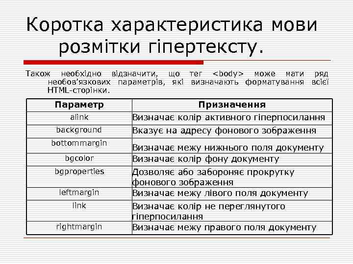 Коротка характеристика мови розмітки гіпертексту. Також необхідно відзначити, що тег <body> може мати ряд