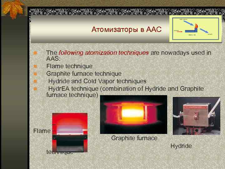 Атомизаторы в ААС n n n The following atomization techniques are nowadays used in