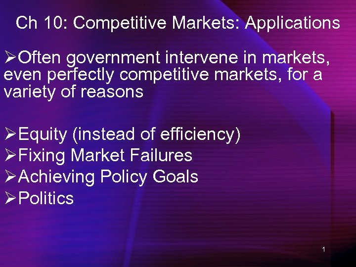 Ch 10: Competitive Markets: Applications ØOften government intervene in markets, even perfectly competitive markets,