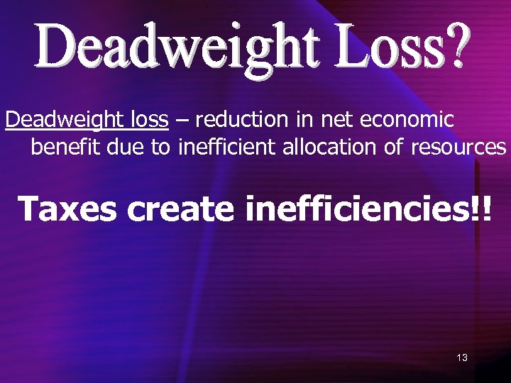Deadweight loss – reduction in net economic benefit due to inefficient allocation of resources