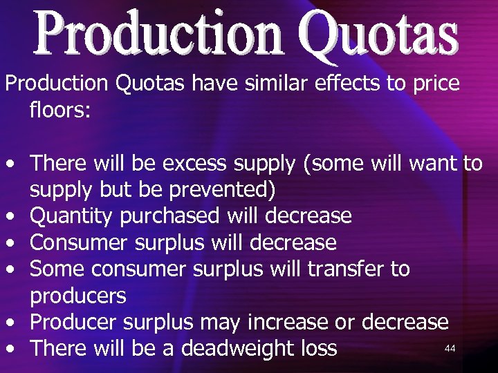 Production Quotas have similar effects to price floors: • There will be excess supply