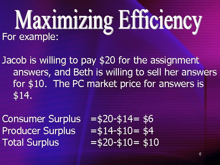 For example: Jacob is willing to pay $20 for the assignment answers, and Beth